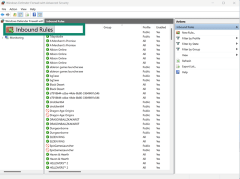 In Windows Defender Firewall with Advanced Security, click Inbound Rules.