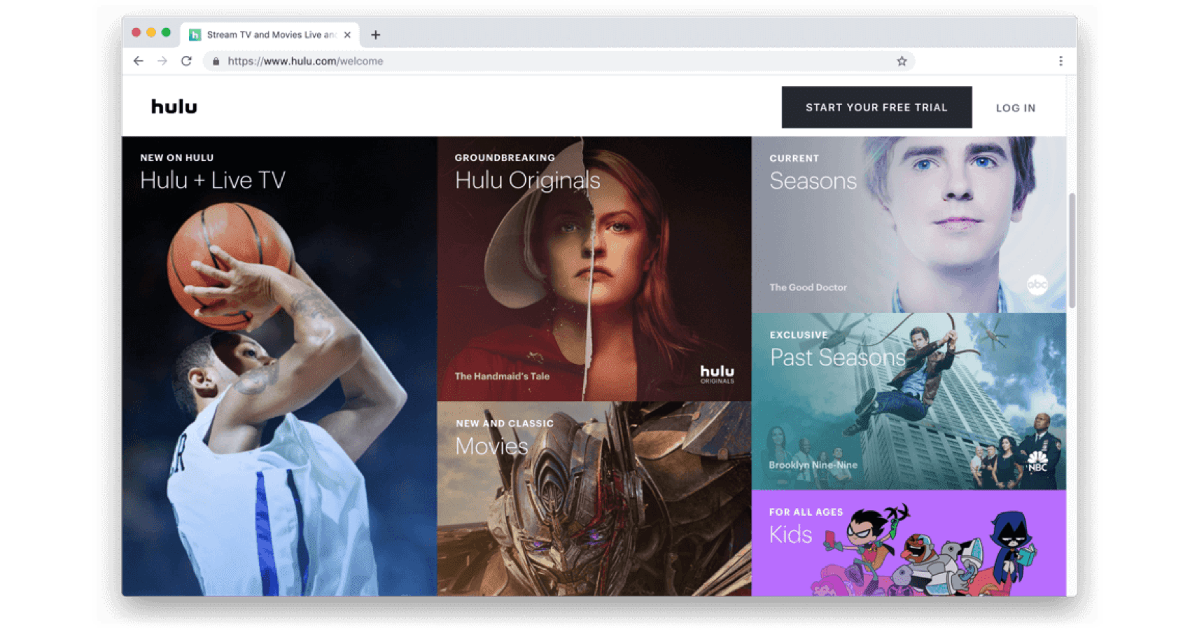 Hulu web sitesinin karşılama ekranı.