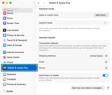 Wallet & Apple Pay menu on Mac.