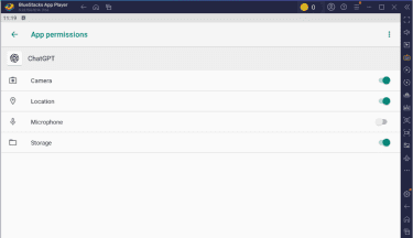 In the BlueStacks app settings, there's the option to allow or block different permissions. Here, the microphone access is blocked.