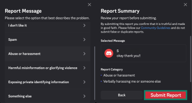 Category selection when reporting abuse for a message on Discord.