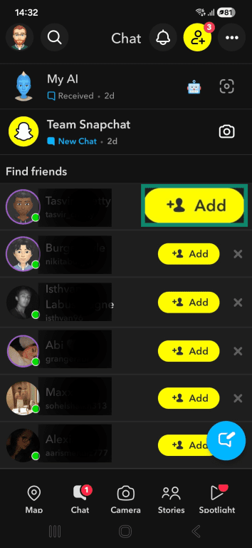 The Snapchat Chat interface with the "Add" friend button highlighted.