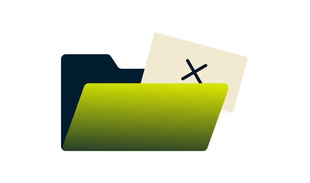 Öppna en grön mapp och ett papper med ett kryss.
