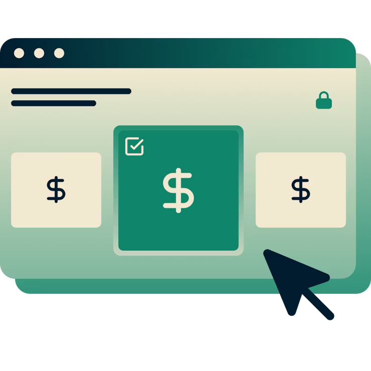 Strona rejestracji w ramach składania zamówienia pokazująca trzy plany i kursor najeżdżający na zielony plan. 