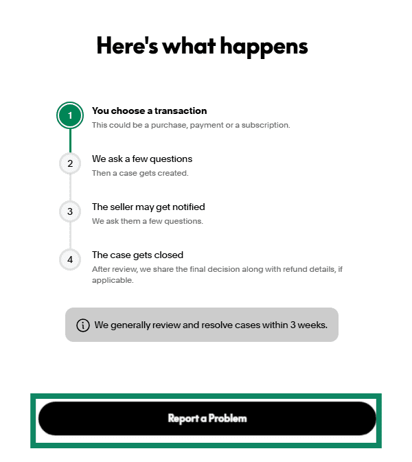 Screenshot showing PayPal's report a problem button