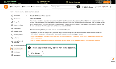 Temu website deletion screen with Continue button highlighted.
