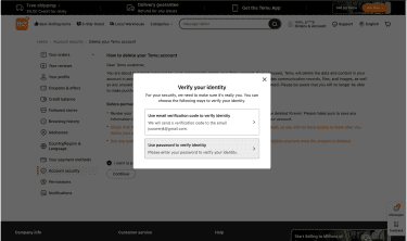 Temu website screen showing verification options prior to deletion.