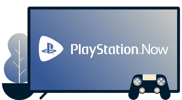 Ruutu, jolla on PlayStation Now'n logo, peliohjain sekä kasvi.