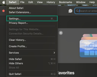 Clicking on Safari in the menu bar displays the Settings option.