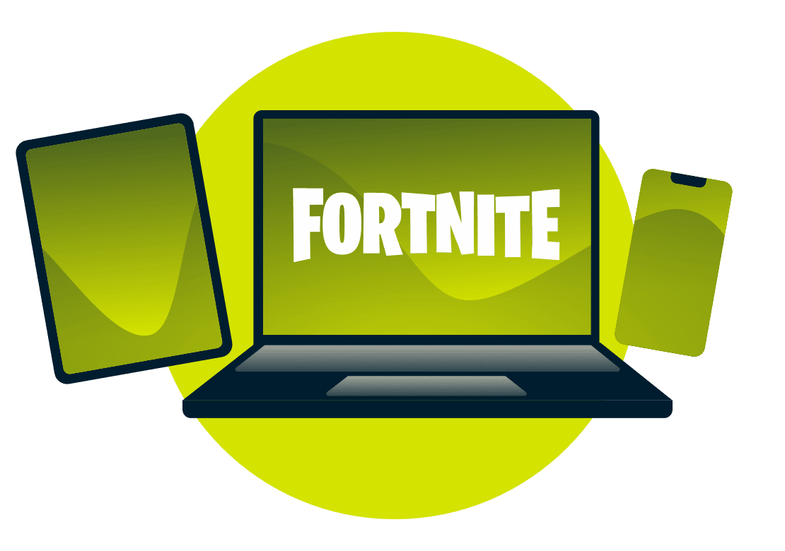 Разнообразные устройства с логотипом Fortnite.