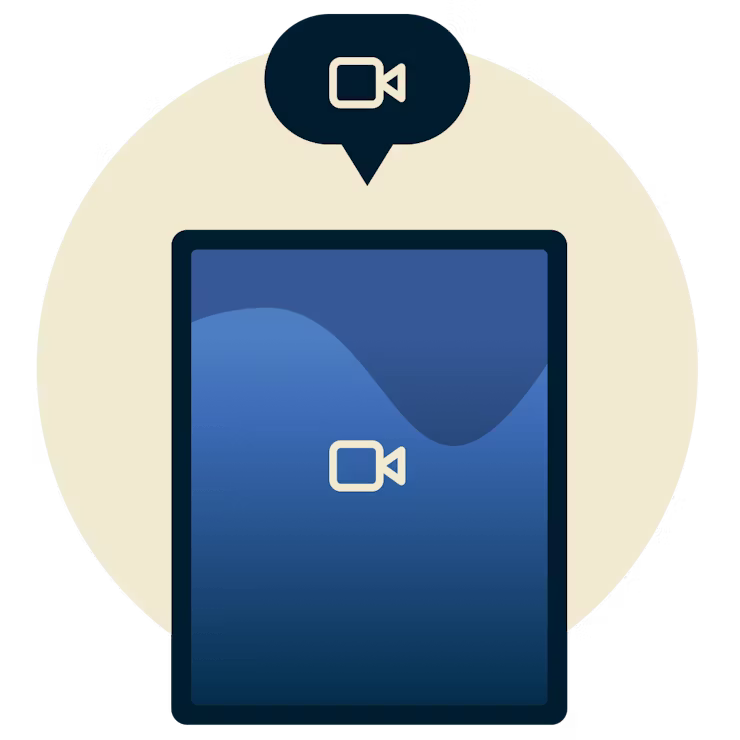 Videokeskustelu puhelimella: Tabletti, jossa näkyy videokuvake ja puhekupla, jonka yläpuolella on videokuvake.