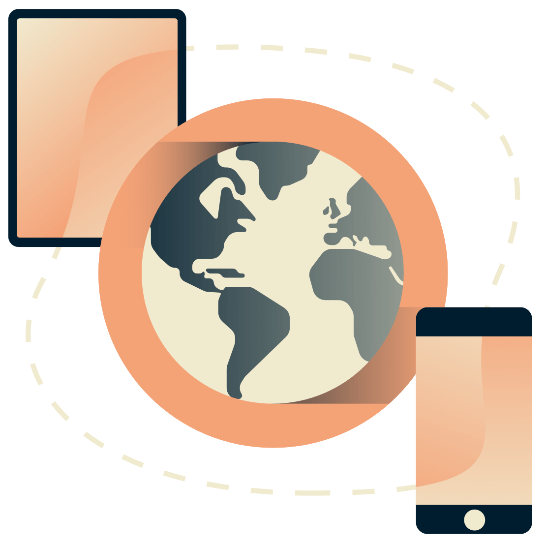 地球儀を囲むタブレットとスマホ。