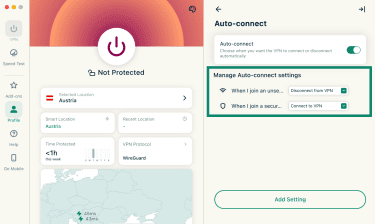 The Auto-connect feature in the ExpressVPN app on macOS, highlighting the Manage Auto-connect settings section.
