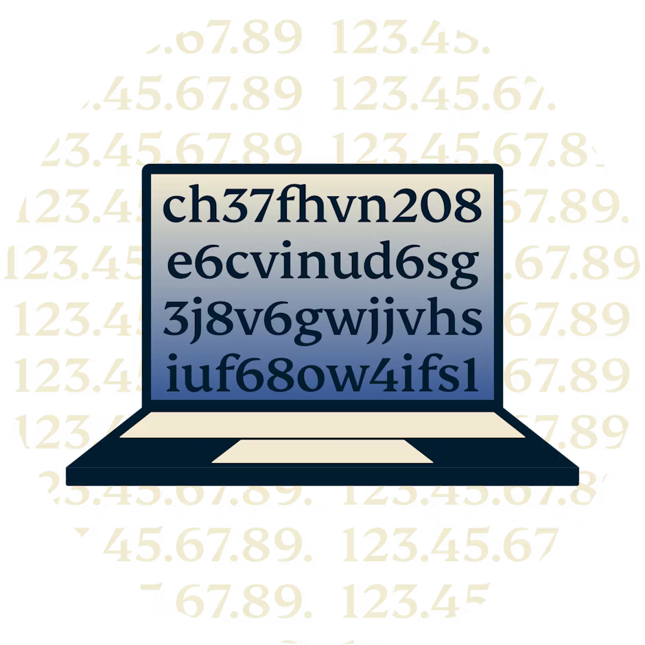 Kannettava tietokone näyttää salattua tekstiä.
