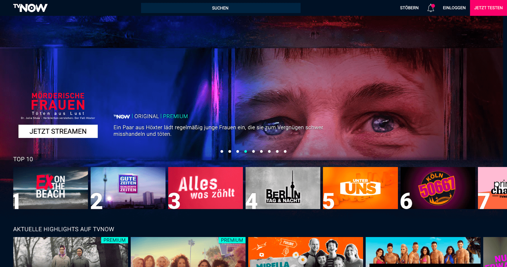 Interface de TVNOW sur un écran d'ordinateur standard.