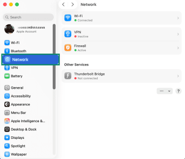 Apple system settings, showing how to access Network options.