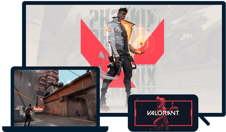 En laptop, smart TV och telefon med Valorant.