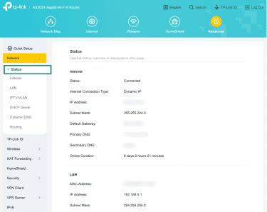 A screenshot of a router portal with the status pane highlighted.