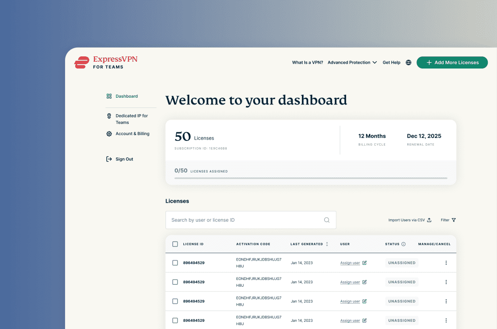 Close up of ExpressVPN for Teams admin dashboard showcasing advanced user management features