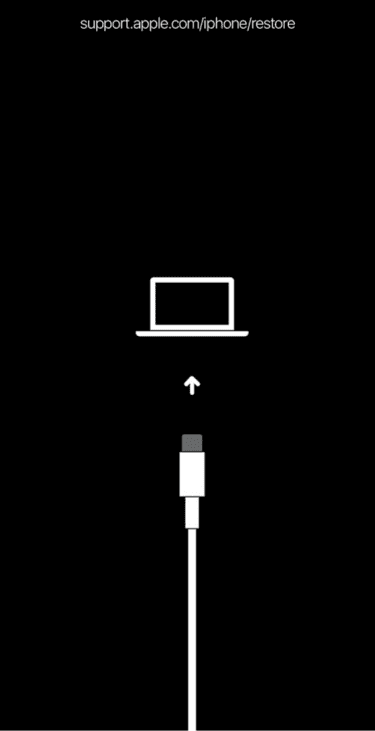 iPhone restore screen showing a cable pointing toward a computer icon.
