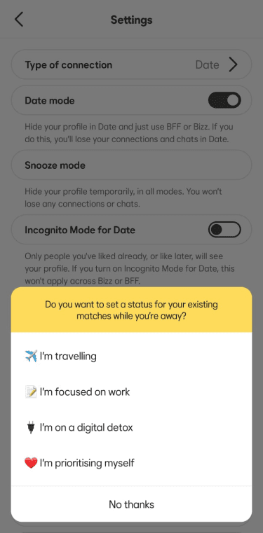 Bumble Settings screen showing Snooze mode and a prompt to set a status for existing matches.