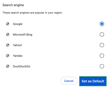 The list of available search engine options in Google Chrome.