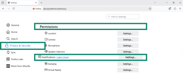Firefox Privacy & Security settings with Notifications option highlighted.