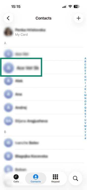 Contact highlighted in the iPhone Contacts screen.