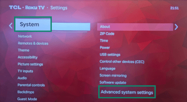 "System" and "Advanced system settings" highlighted on a Roku TV.