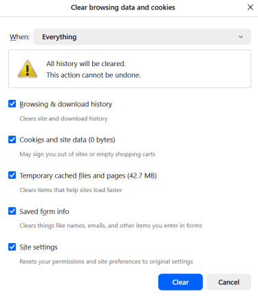 The Firefox Clear Browsing and Data window.