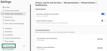 The Edge notifications menu is open, and the Add site is highlighted to block notifications.