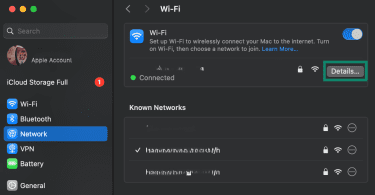 MacOS' Settings panel listing active network connections.