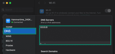 MacOS' panel for changing a single network connection's settings, with the DNS field highlighted.