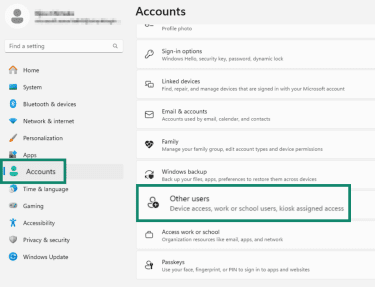"Accounts" and "Other Users' options highlighted in the Microsoft account settings on Windows 11.