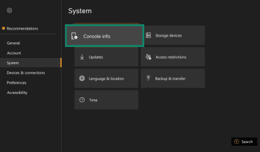 The System tab of the Xbox settings, showing the Console Info button.