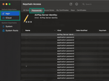 macOS Keychain Access highlighting the login, iCloud and Password options