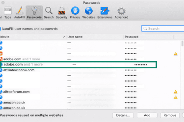 Mac's Safari Preferences Passwords tab open with list of logins available and one account highlighted