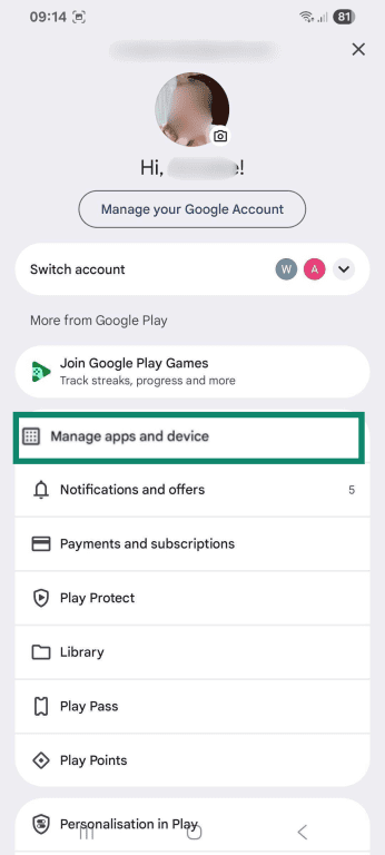 The "Manage apps and device" option in the Google Account settings.