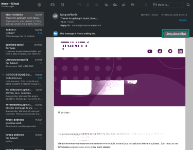 Apple Mail message showing the Unsubscribe button in the top-right corner.