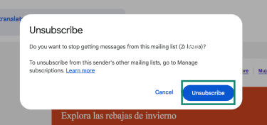 Gmail unsubscribe confirmation pop-up with the “Unsubscribe” button highlighted.
