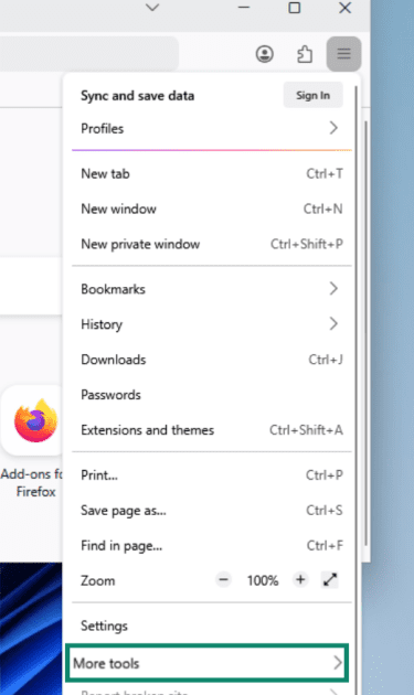 "More tools" option highlighted in the Mozilla Firefox menu.