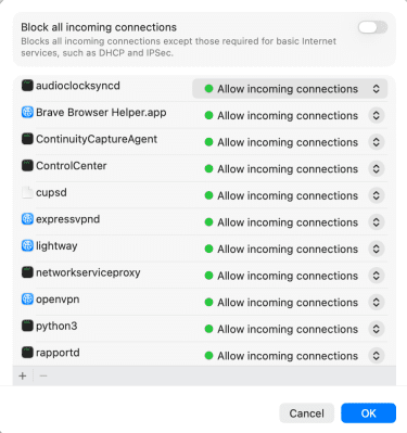 The firewall options page of macOS System Settings.
