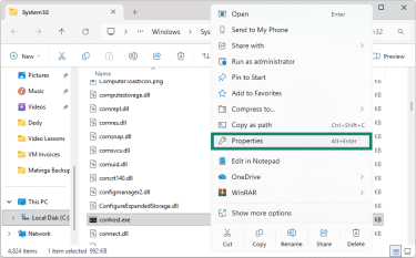 How to check the properties of the conhost.exe file in Windows Explorer