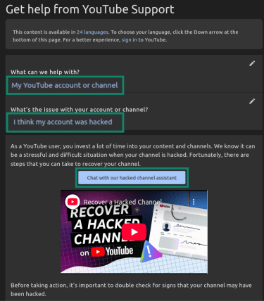 Specific questionnaire options highlighted to report a YouTube hack to customer support.