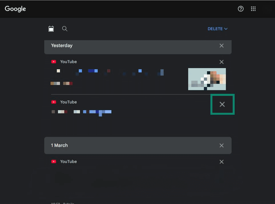 YouTube search history individual item with delete 