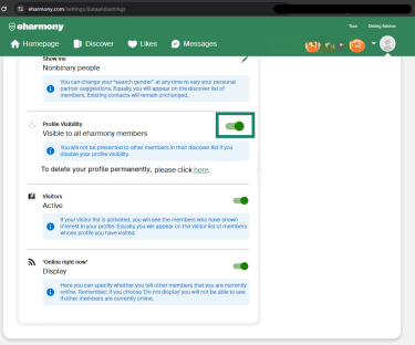 Profile visibility option highlighted on the eHarmony website on desktop.