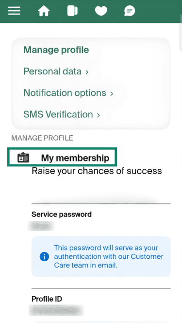 "My membership" option highlighted in the eHarmony mobile app.