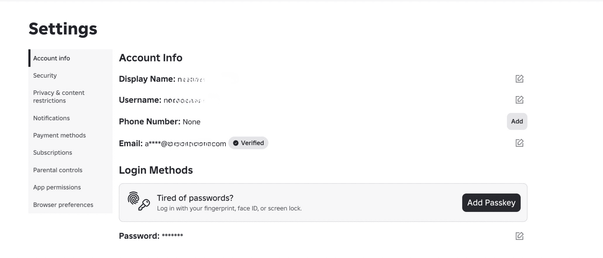 Roblox Account Info settings screen.