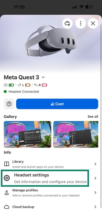 In the Meta Horizon app, select Headset settings.