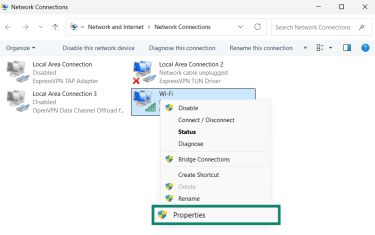 Windows network connection page is open, highlighting the Properties option.